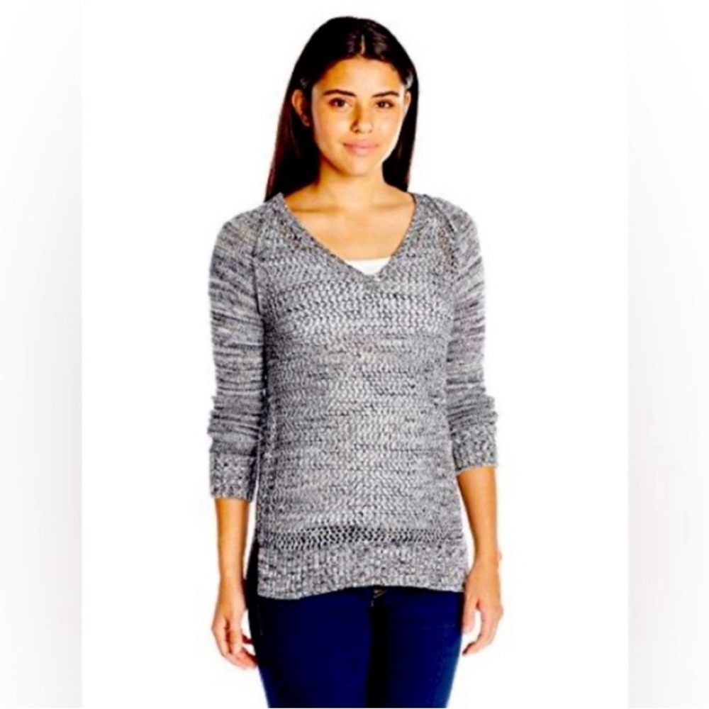 Roxy Gray V-Neck Sweater with Marled Knit